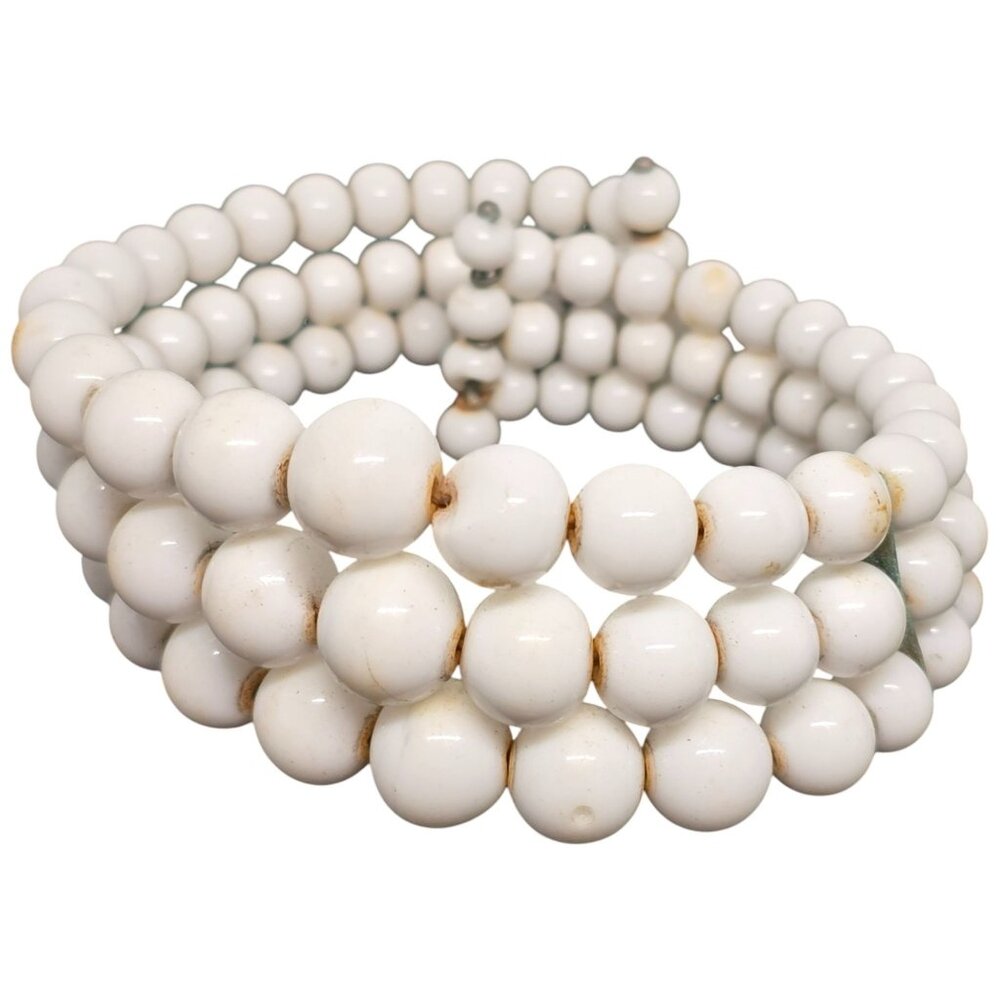 Vintage White Beaded Memory Wire Wrap Bracelet Glass Beads Boho Statement